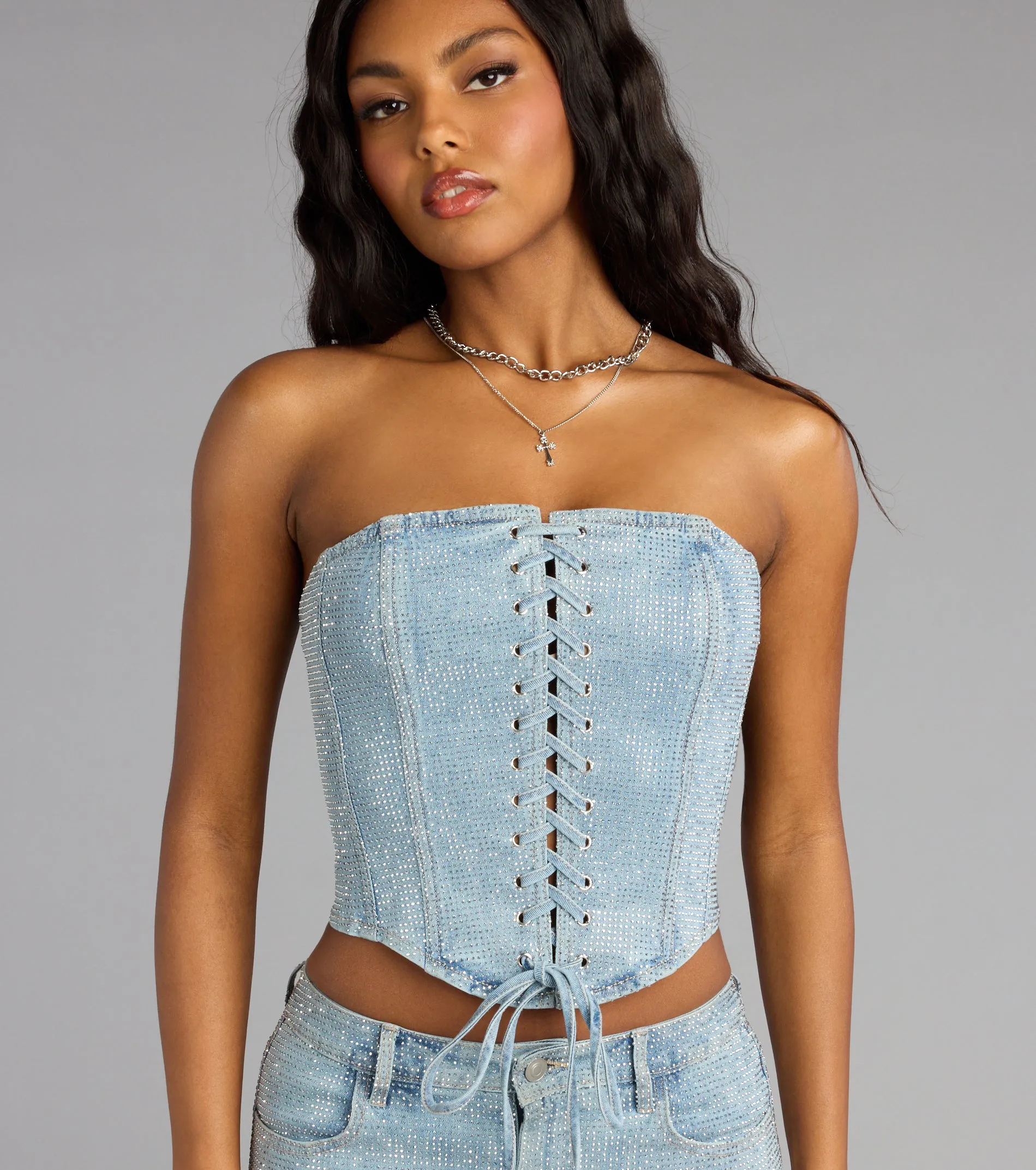 Crystal Crush Lace Up Denim Corset Top sold by Windsor product image thumbnail 4