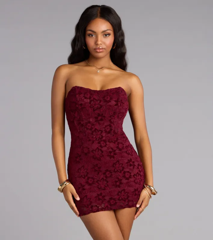 Wine And Roses Lace Mini Dress sold by Windsor