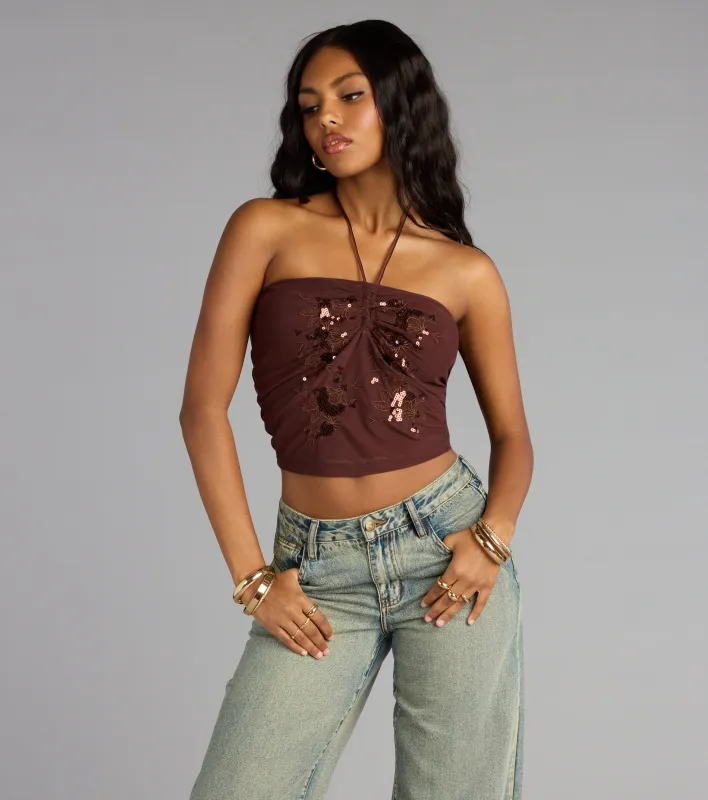 Afterglow Sequin Halter Crop Top sold by Windsor