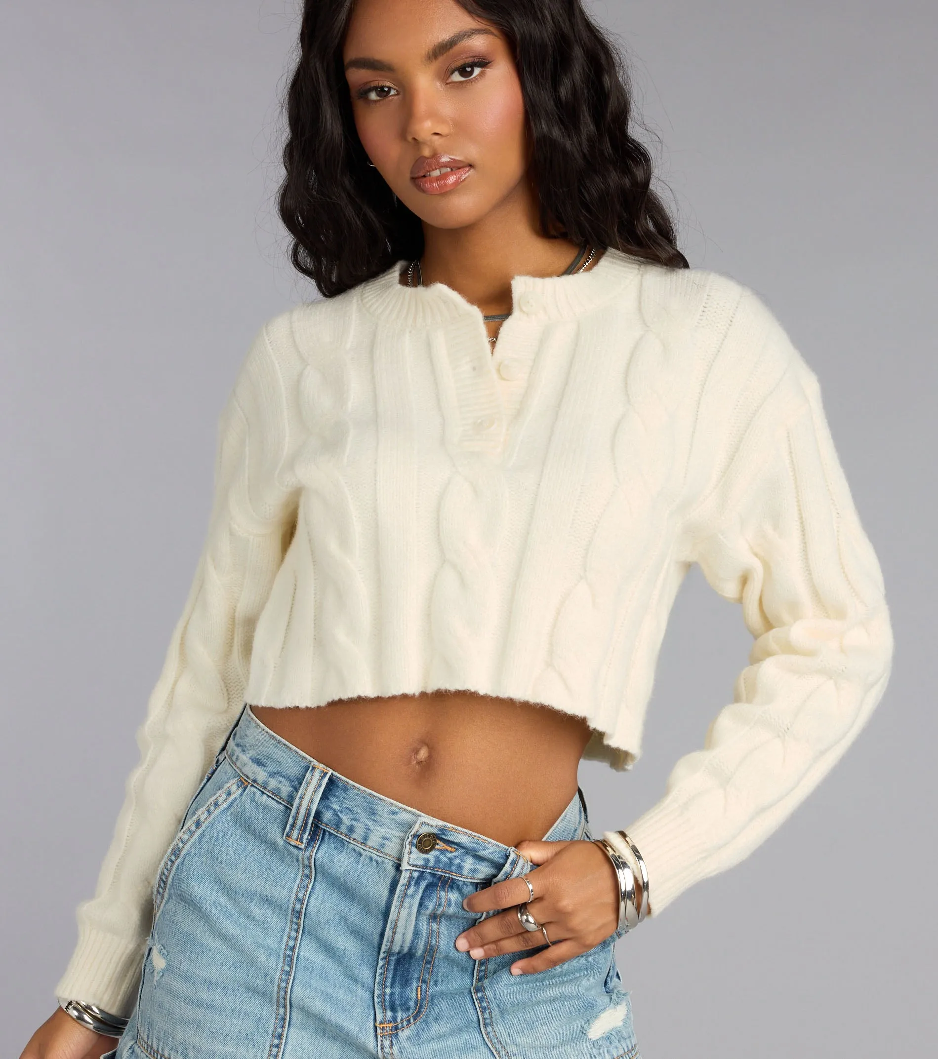 Season Chill Cable Knit Crop Sweater sold by Windsor product image thumbnail 4