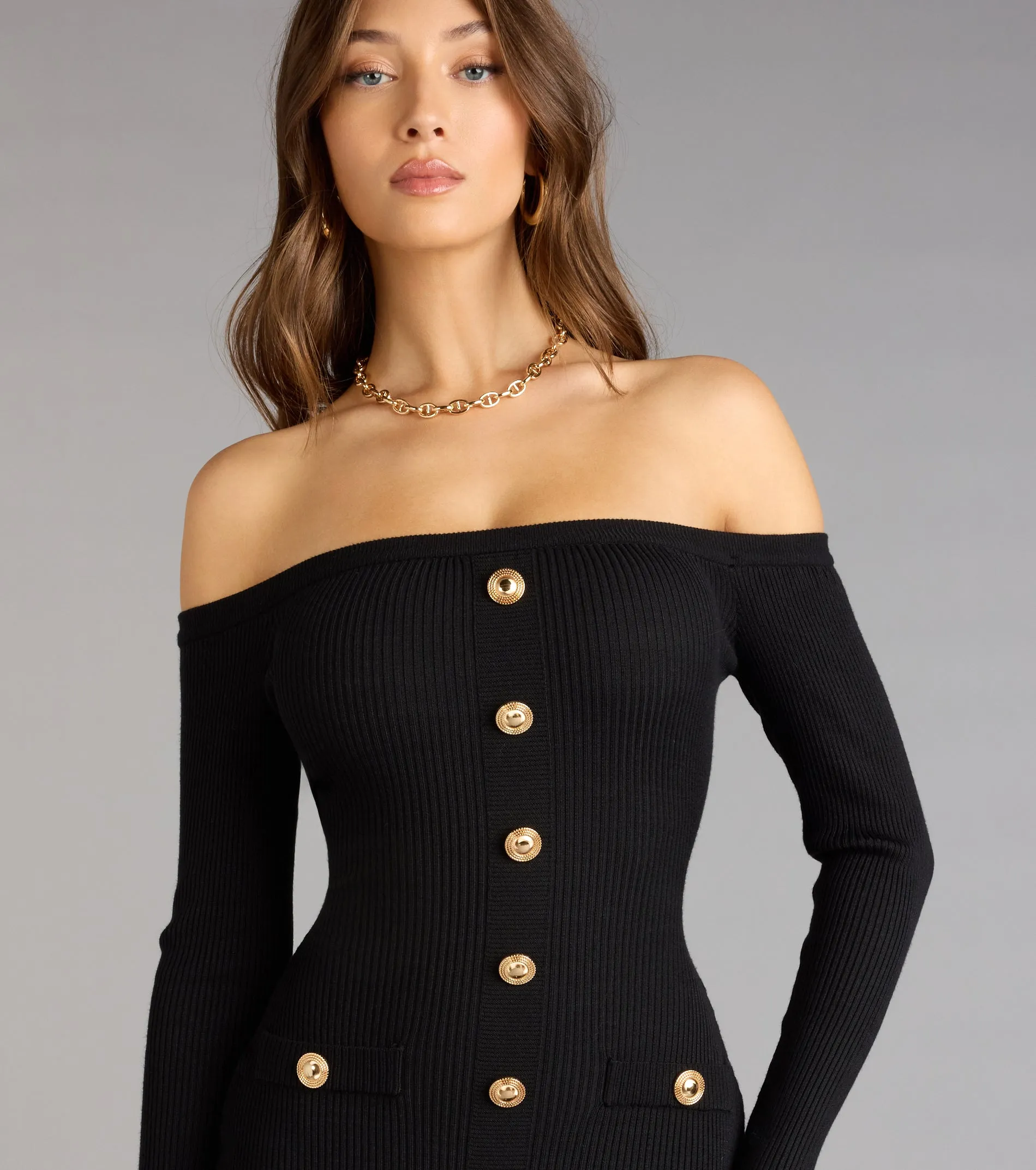 Buttoned Up Charm Off-The-Shoulder Mini Dress sold by Windsor product image thumbnail 4