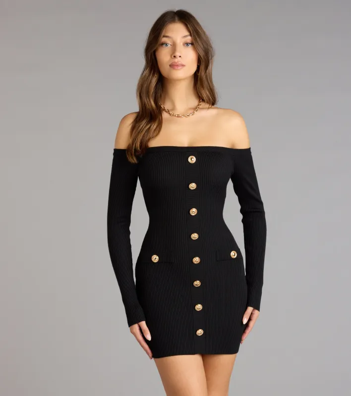 Buttoned Up Charm Off-The-Shoulder Mini Dress sold by Windsor