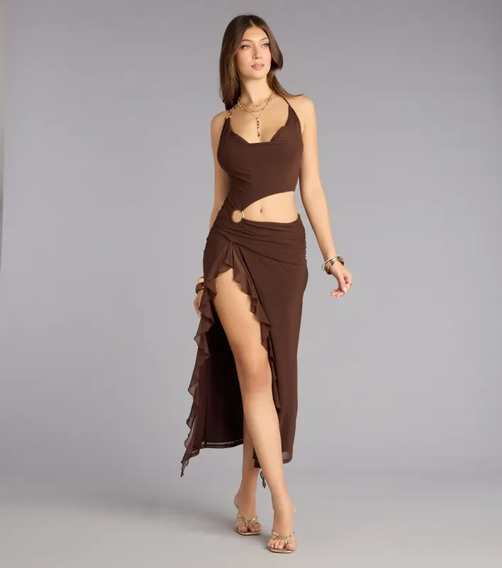Sultry Motion Mesh Halter Midi Dress sold by Windsor