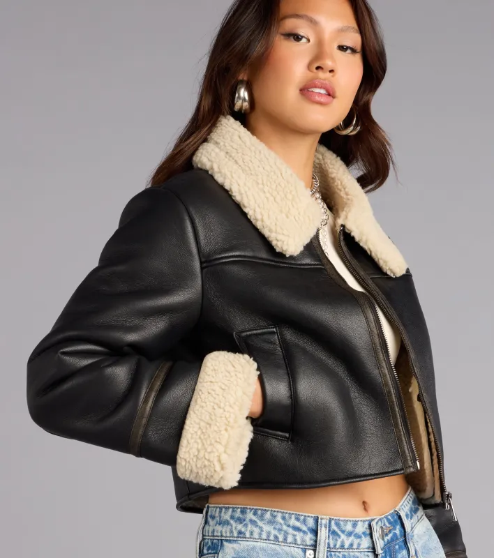 Downtown Girl Faux Leather Sherpa Crop Jacket sold by Windsor