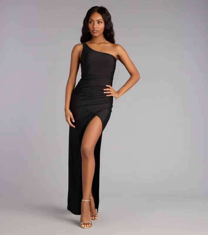 Mariana One-Shoulder High Slit Column Dress sold by Windsor