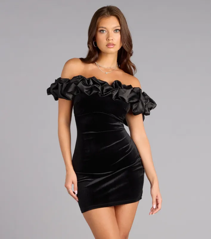 Lia Satin Ruffle Off-The-Shoulder Velvet Mini Dress sold by Windsor