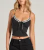 Perfect Twist Lace Bow V-Neck Crop Top sold by Windsor