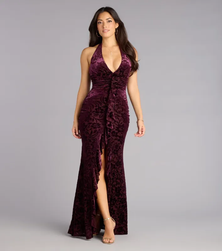 Candace Velvet Halter Ruffle Formal Dress sold by Windsor