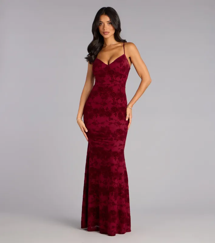 Mildred Flocked Velvet Strappy Mermaid Formal Dress sold by Windsor