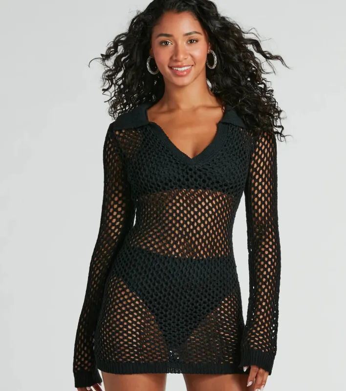 Strolls On The Beach V-Neck Crochet Mini Dress sold by Windsor