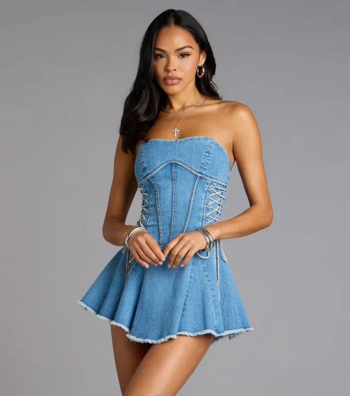 Laced In Denim Strapless Mini Dress sold by Windsor