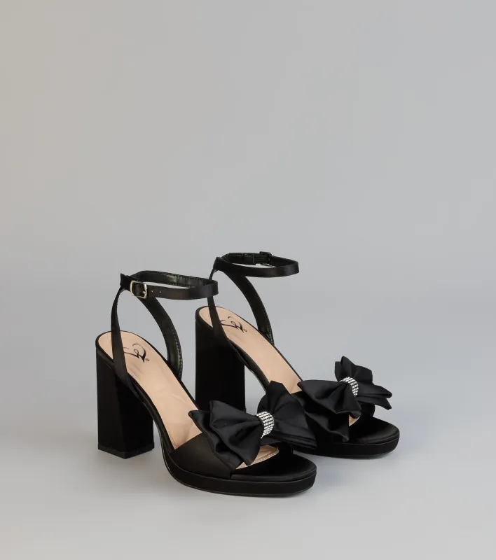 RSVP Luxe Rhinestone Bow Satin Heels sold by Windsor