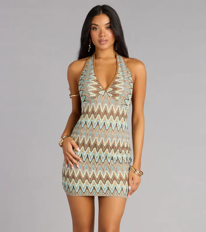 Vacay Vibes Geometric Knit Halter Mini Dress sold by Windsor