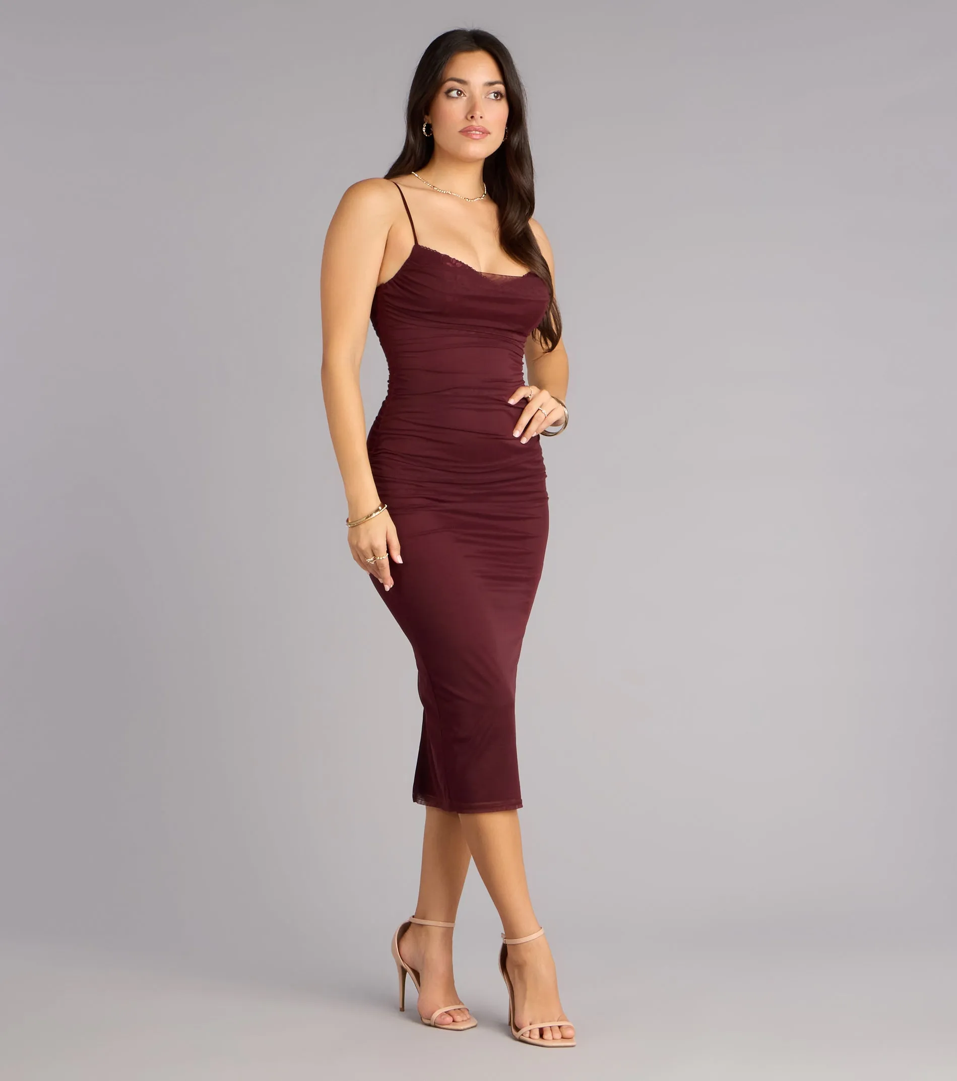 Crushworthy Mesh Ruched Midi Dress sold by Windsor product image thumbnail 4