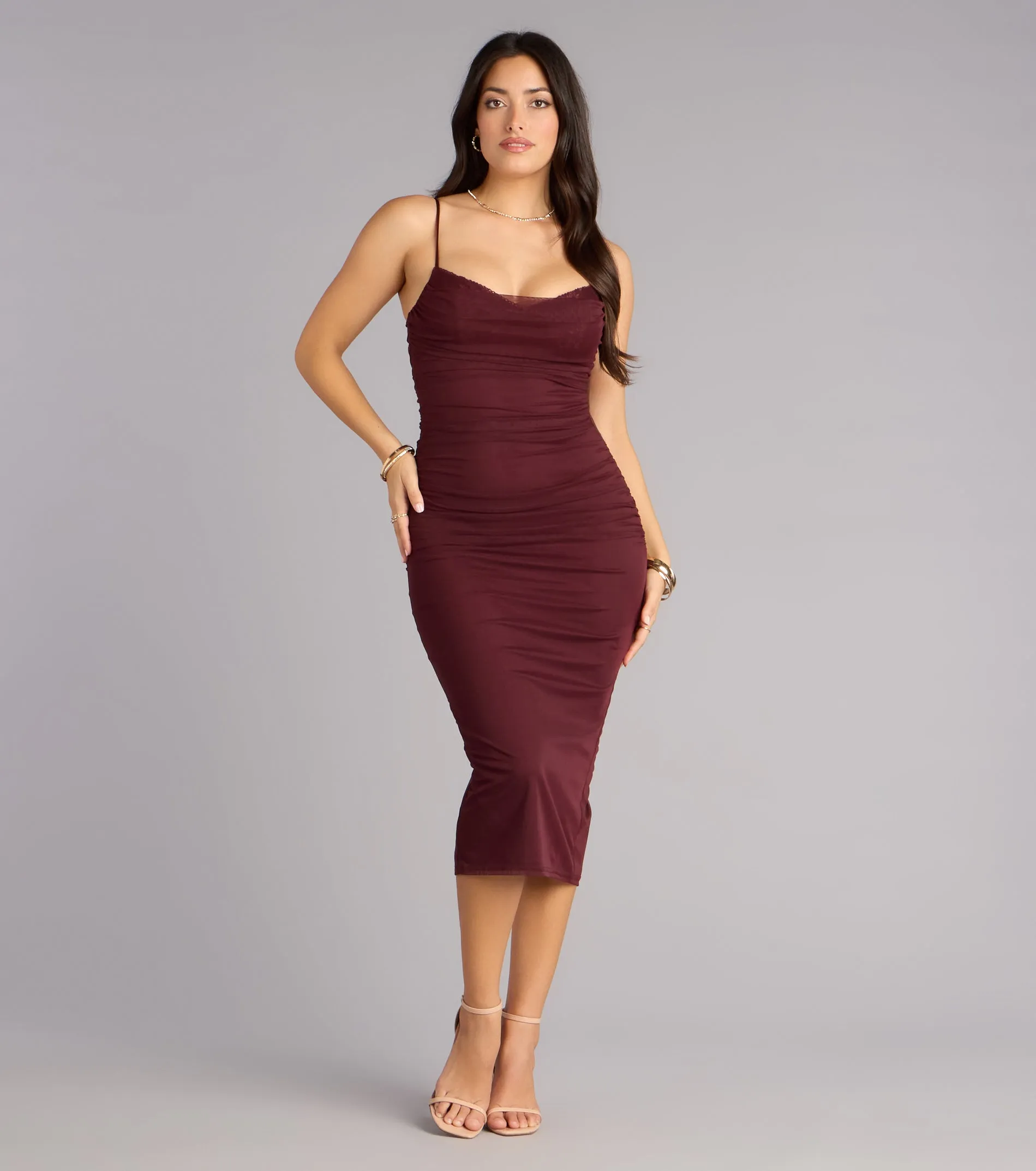 Crushworthy Mesh Ruched Midi Dress sold by Windsor