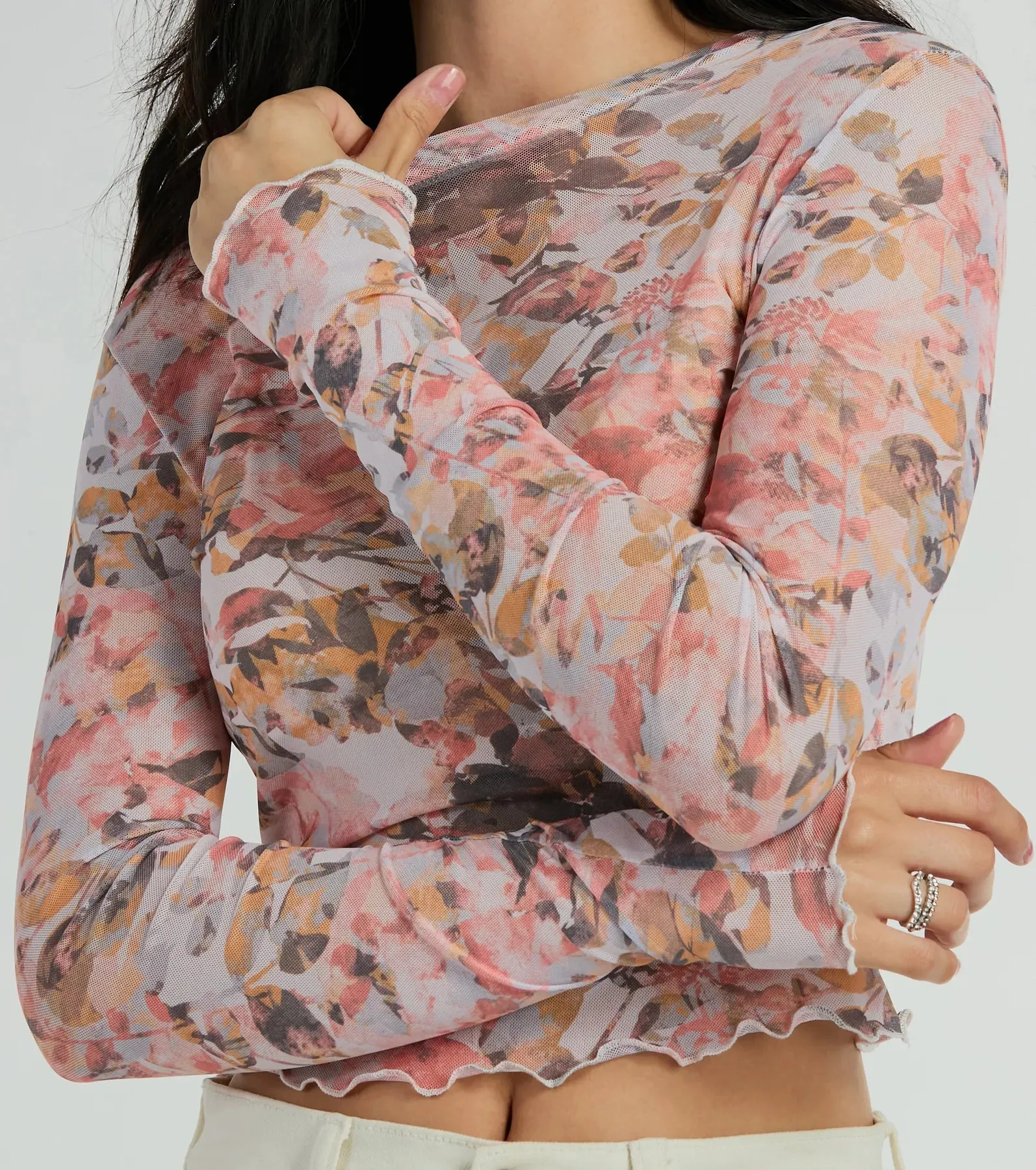 Wild Flowers Long Sleeve Floral Mesh Crop Top sold by Windsor product image thumbnail 4