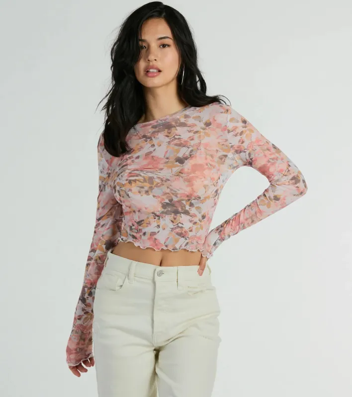 Wild Flowers Long Sleeve Floral Mesh Crop Top sold by Windsor