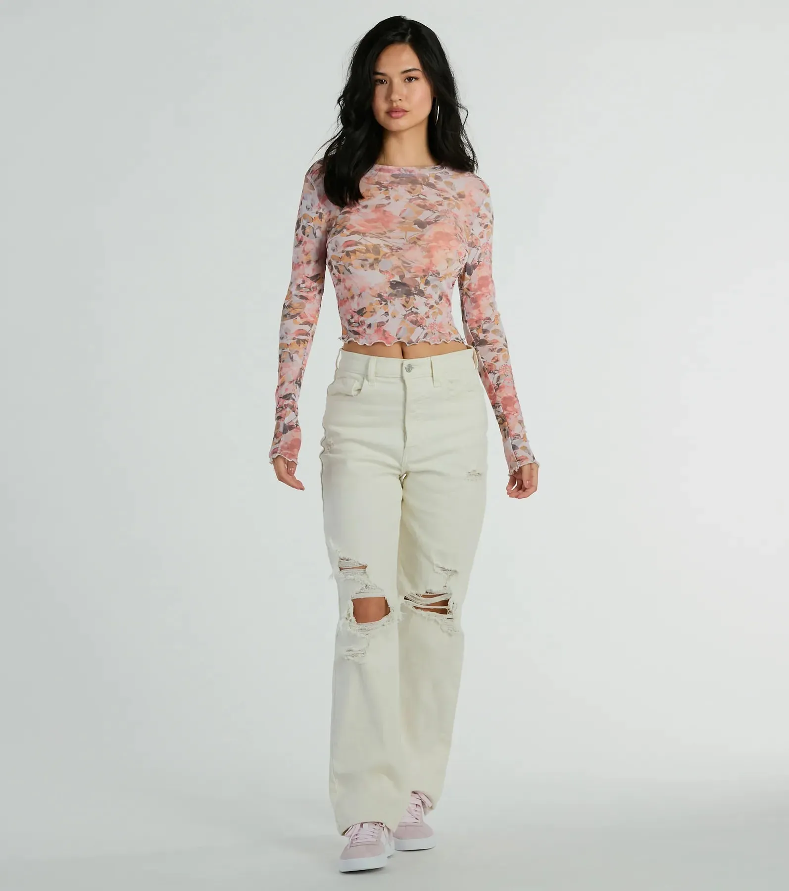 Wild Flowers Long Sleeve Floral Mesh Crop Top sold by Windsor product image thumbnail 3