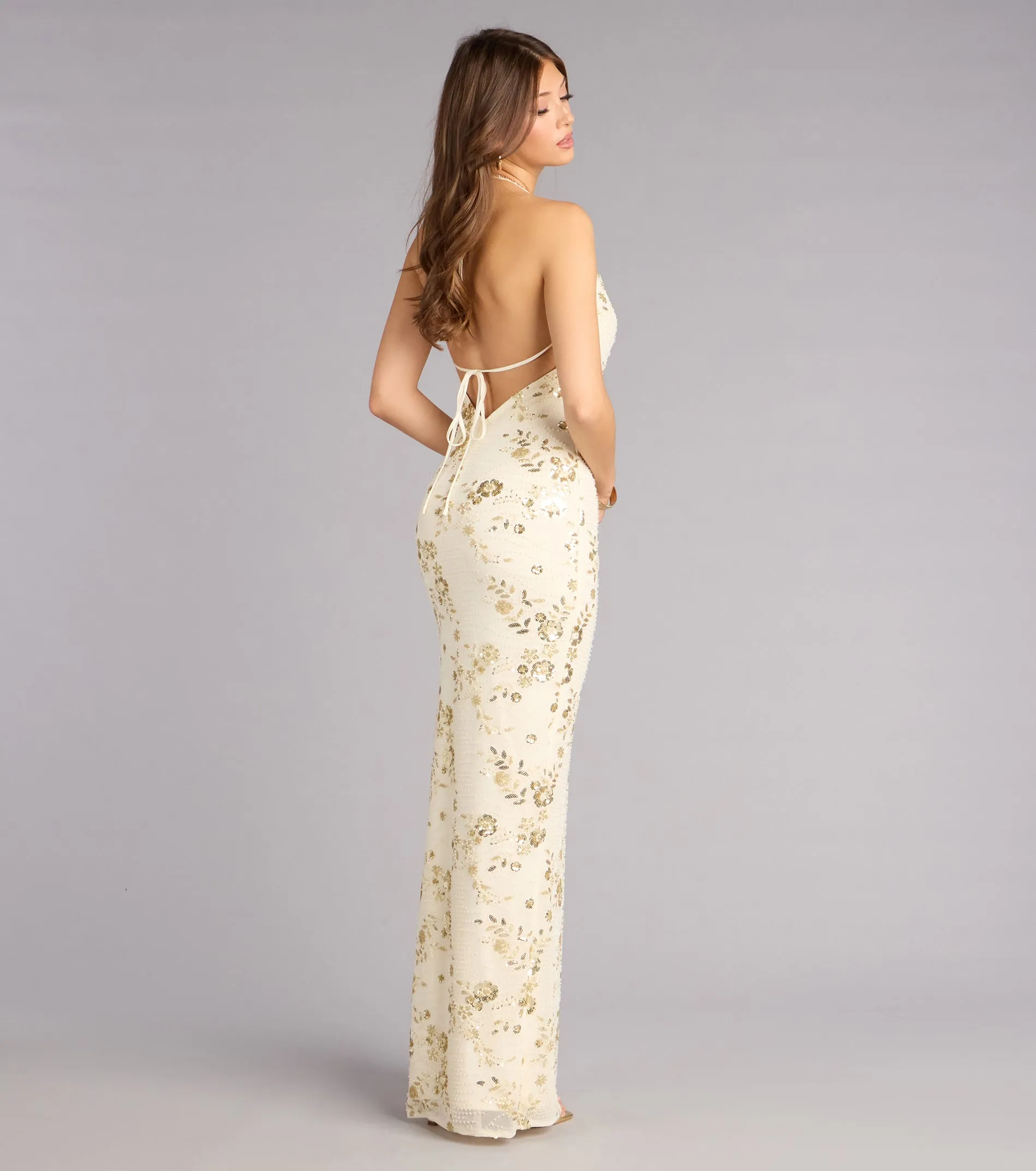 Maren Floral Sequin Mesh Halter Formal Dress sold by Windsor product image thumbnail 2