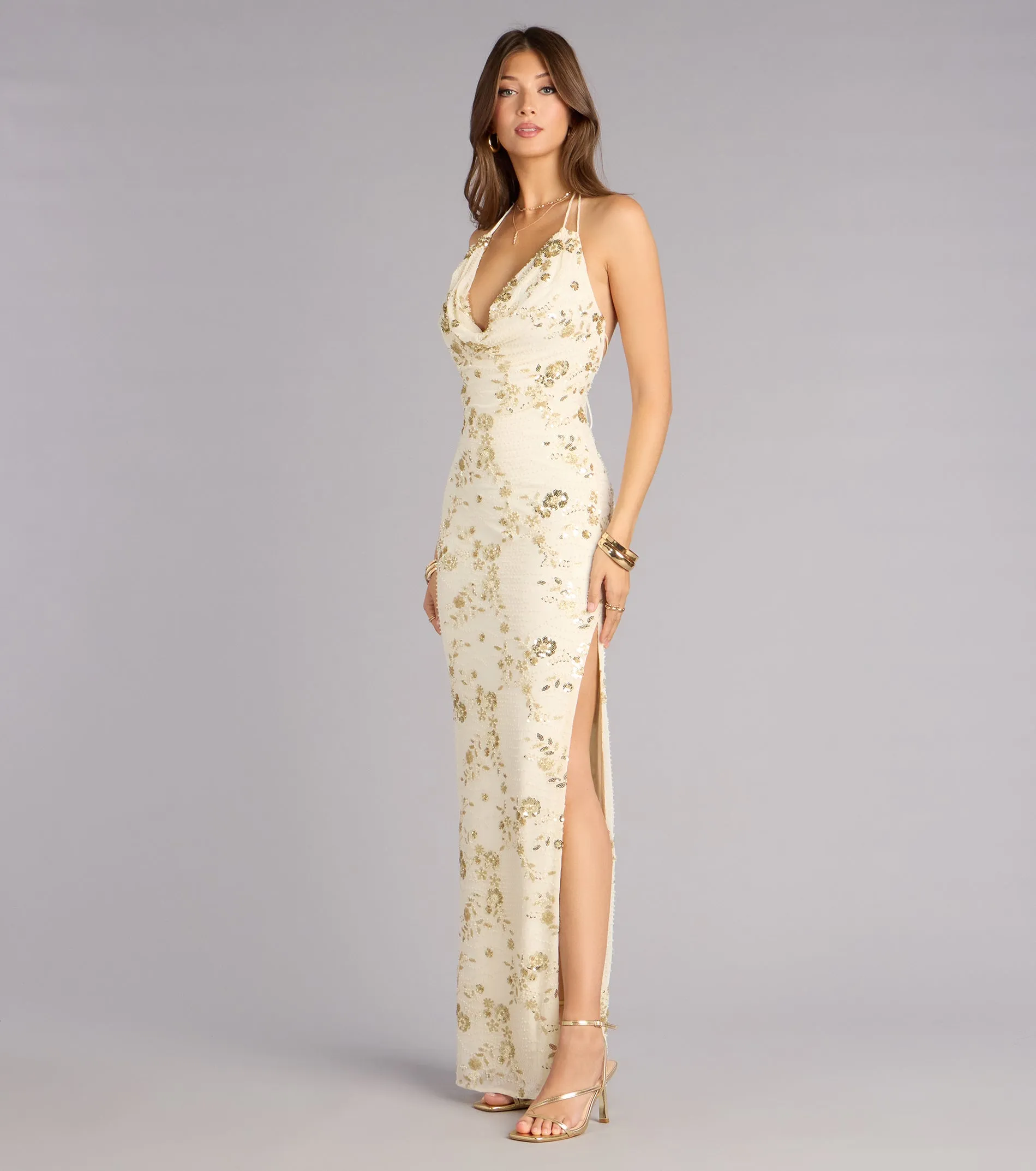 Maren Floral Sequin Mesh Halter Formal Dress sold by Windsor product image thumbnail 4