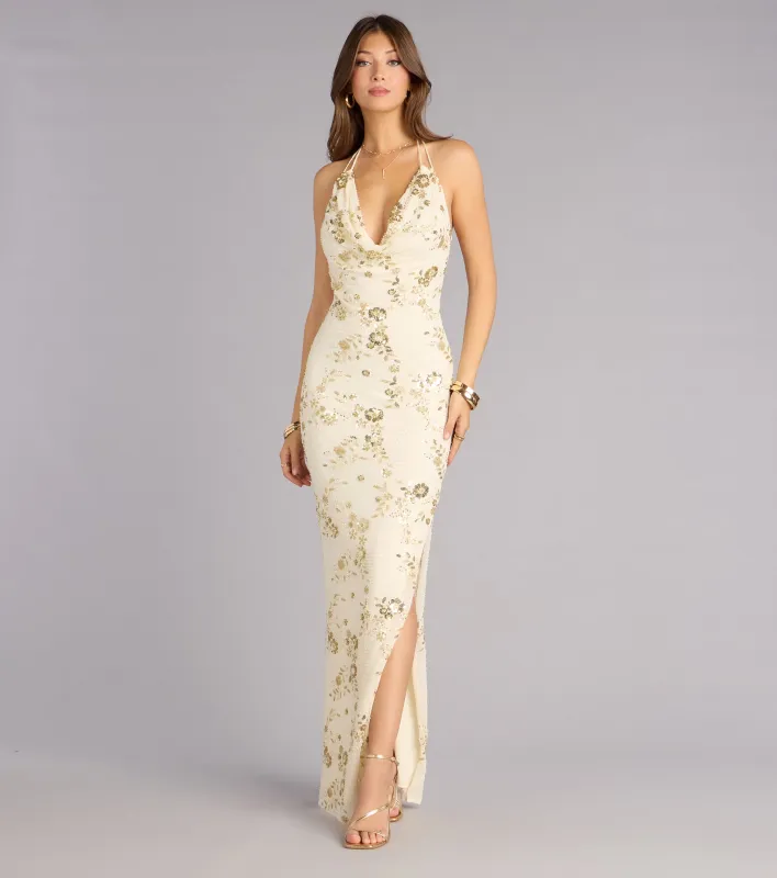 Maren Floral Sequin Mesh Halter Formal Dress sold by Windsor