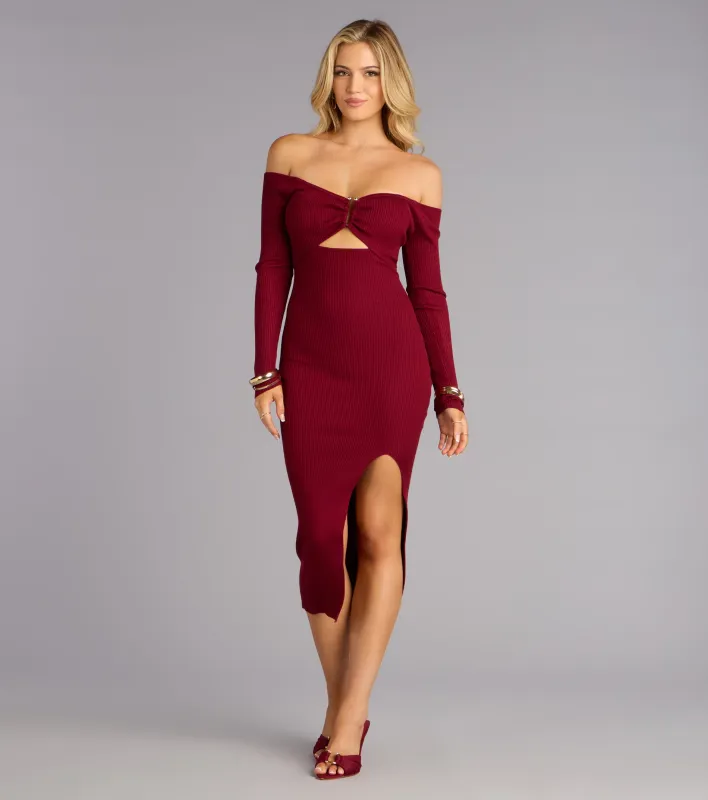 Chic Attitude Ribbed Knit Off-The-Shoulder Midi Dress sold by Windsor