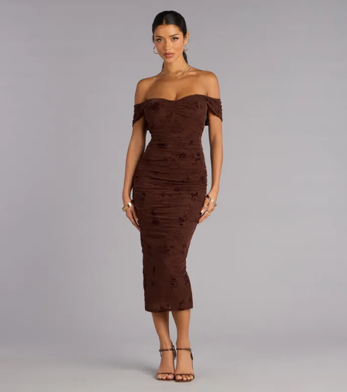 Sweet Chic Flocked Floral Off-The-Shoulder Midi Dress sold by Windsor