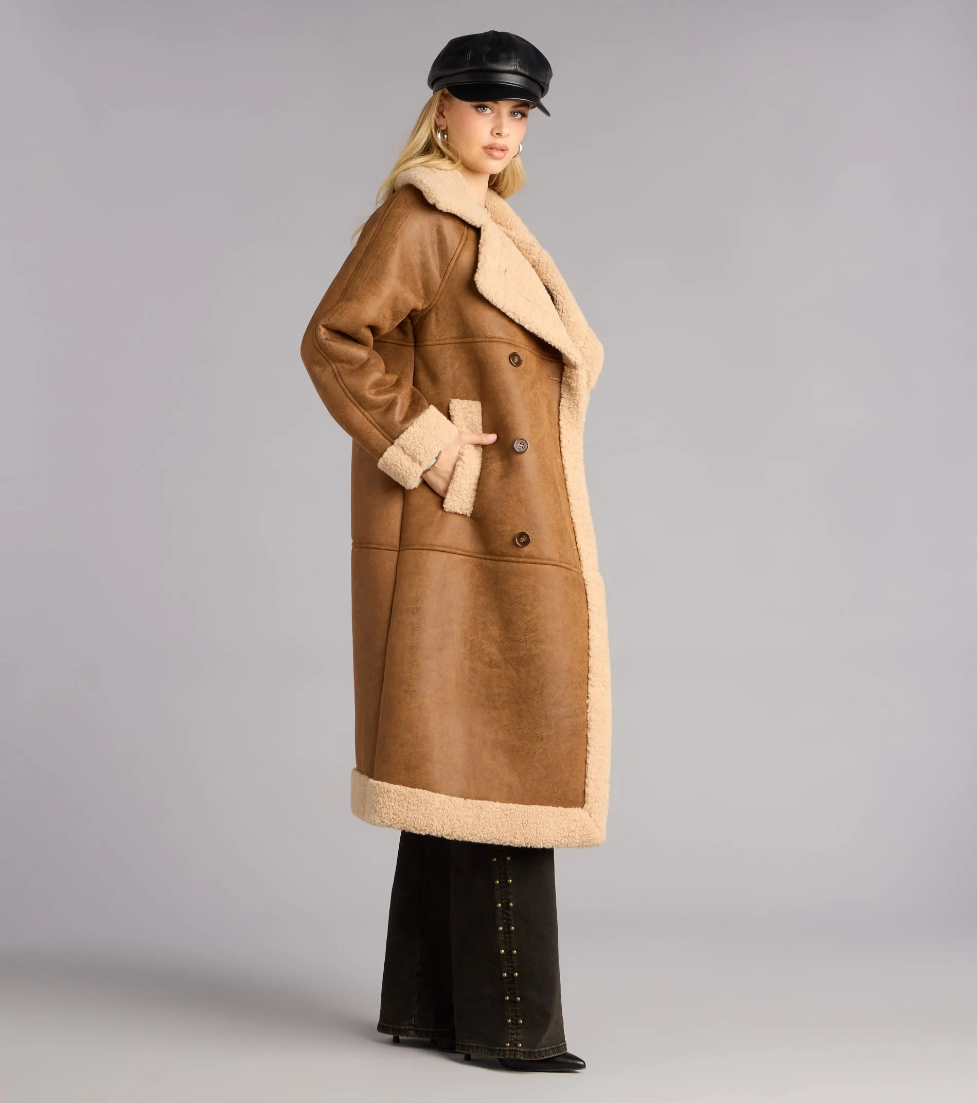 Cozy In The City Faux Sherpa Shearling Trench Coat sold by Windsor product image thumbnail 4