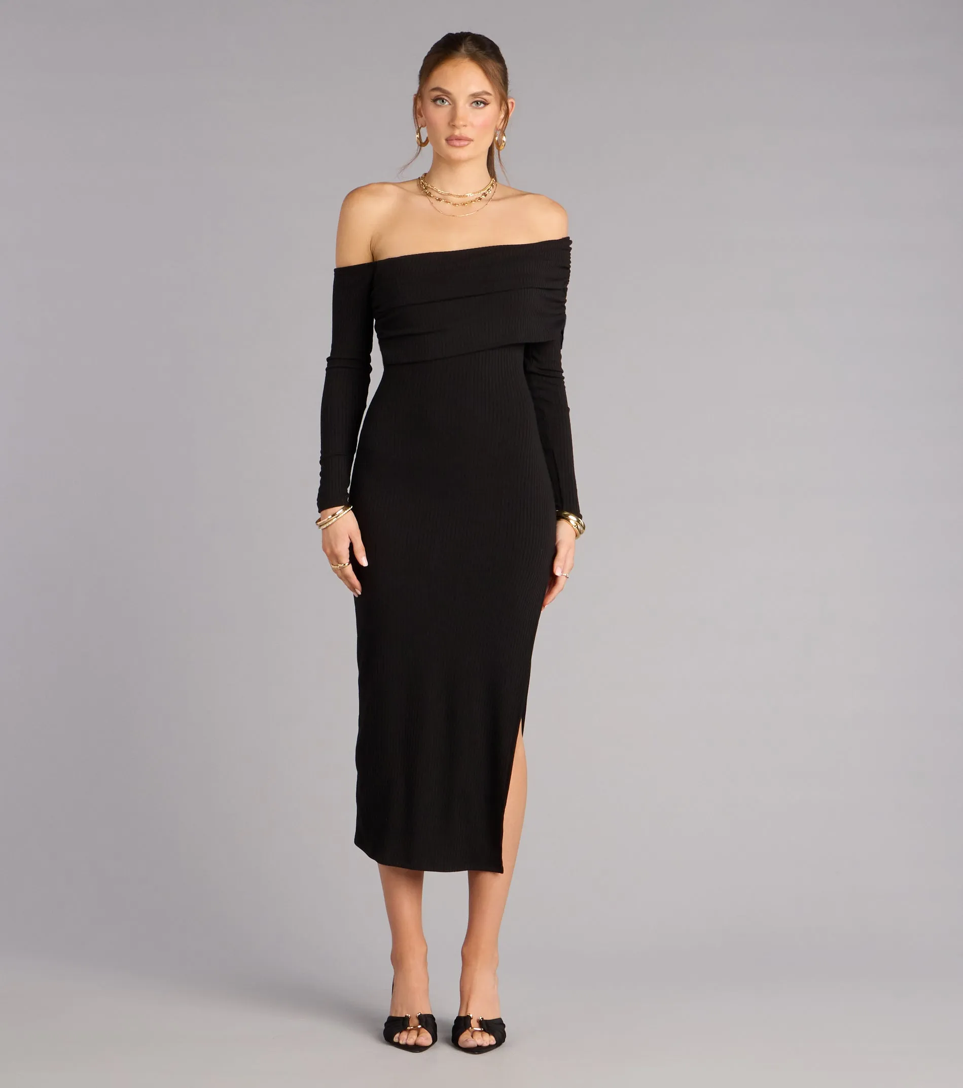 Sweep Me Away Ribbed Off Shoulder Midi Dress sold by Windsor