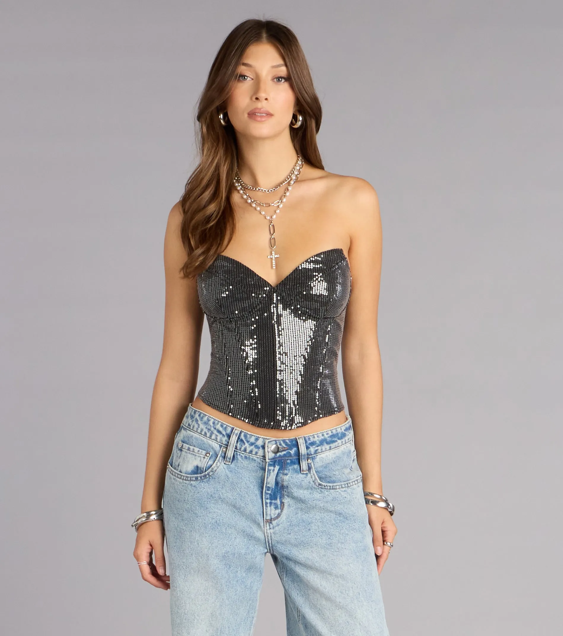 Center Of The Vibe Sequin Denim Bustier sold by Windsor