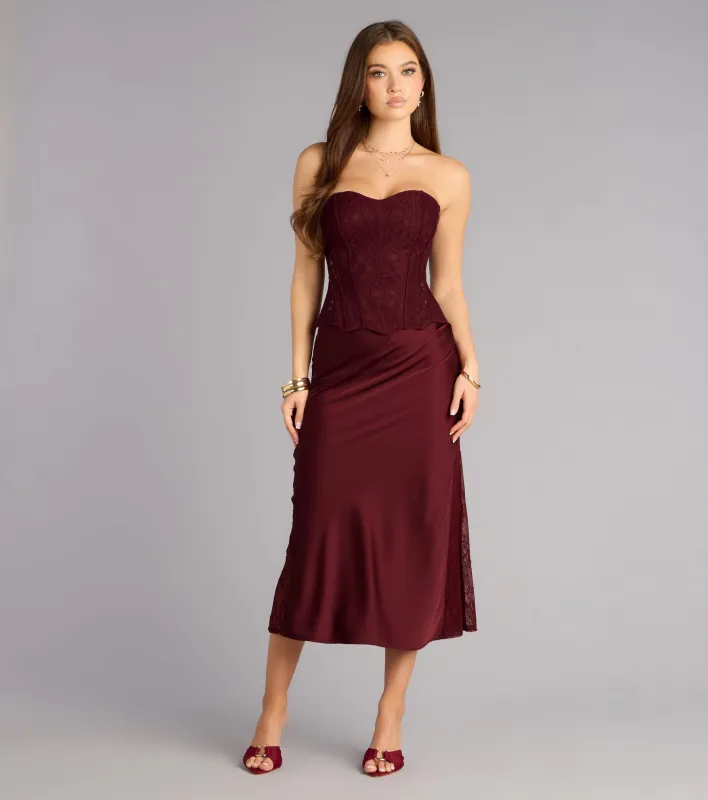 Slip Into Elegance Satin Lace Midi Skirt sold by Windsor