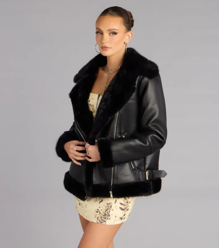 Cold Front Chic Oversized Faux Fur Moto Jacket sold by Windsor