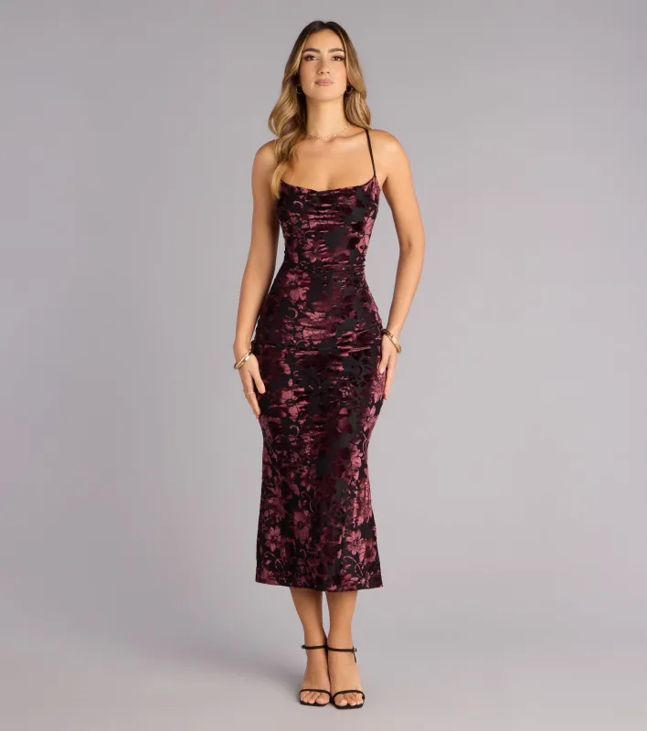 Floral After Dark Burnout Lace-Up Midi Dress sold by Windsor