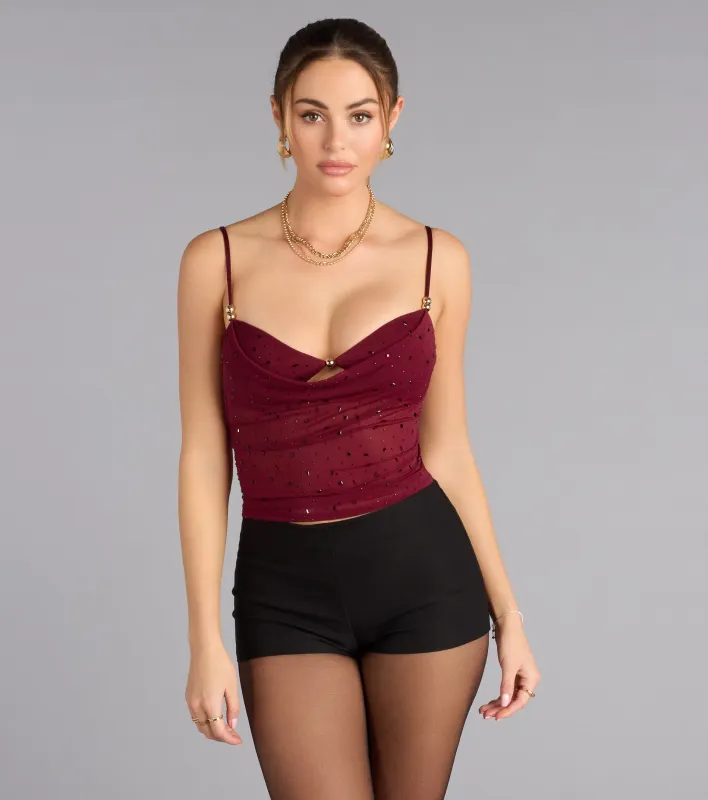 Glow Play Cowl Rhinestone Beaded Tank Top sold by Windsor