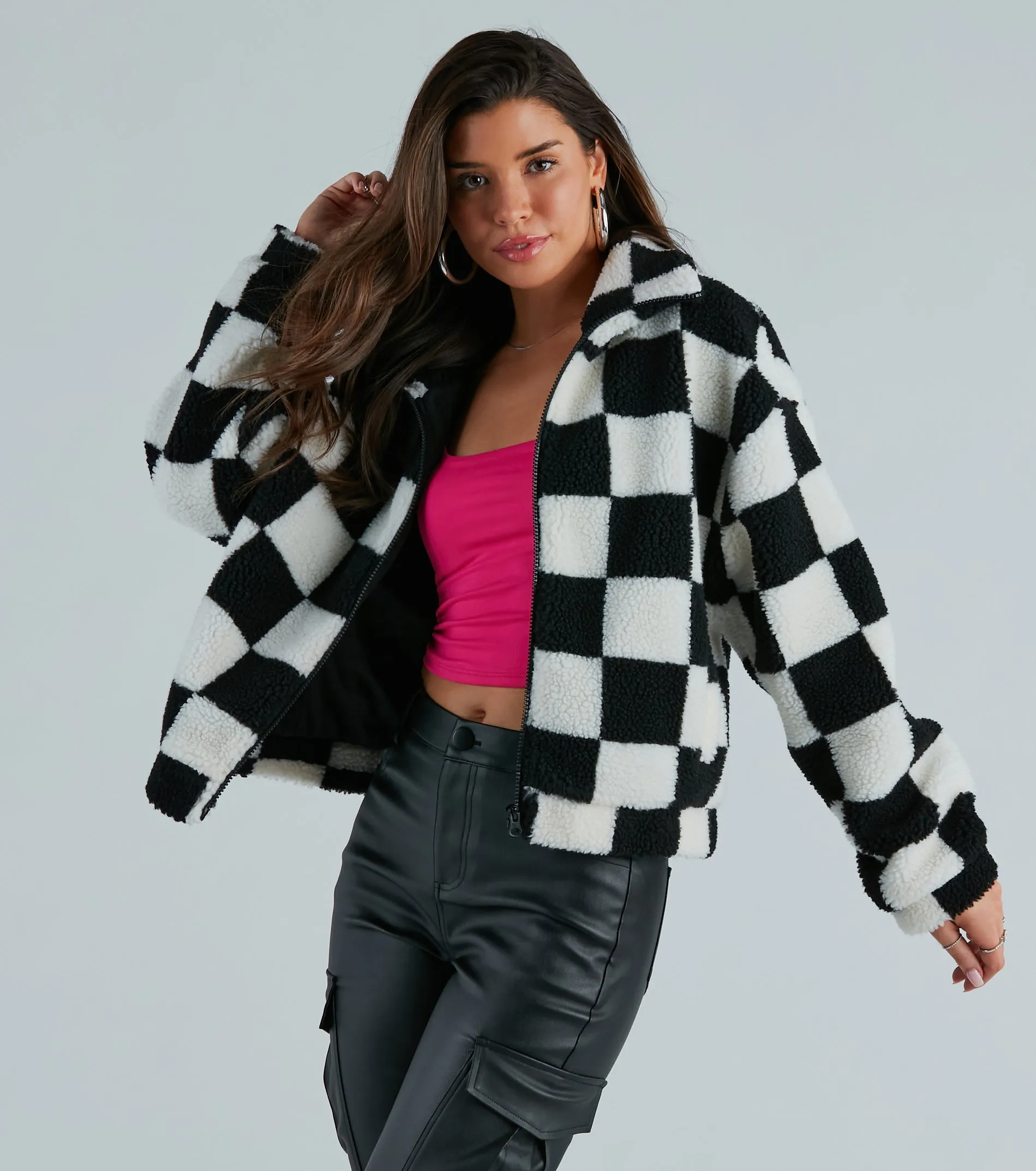 Coolness In Check Faux Sherpa Bomber Jacket sold by Windsor
