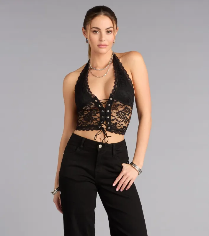 Midnight Desire Lace Up Halter Crop Top sold by Windsor