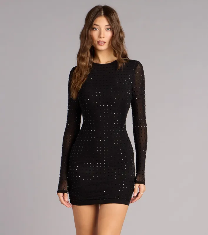 Sleek Impact Rhinestone Sheer Mesh Mini Dress sold by Windsor