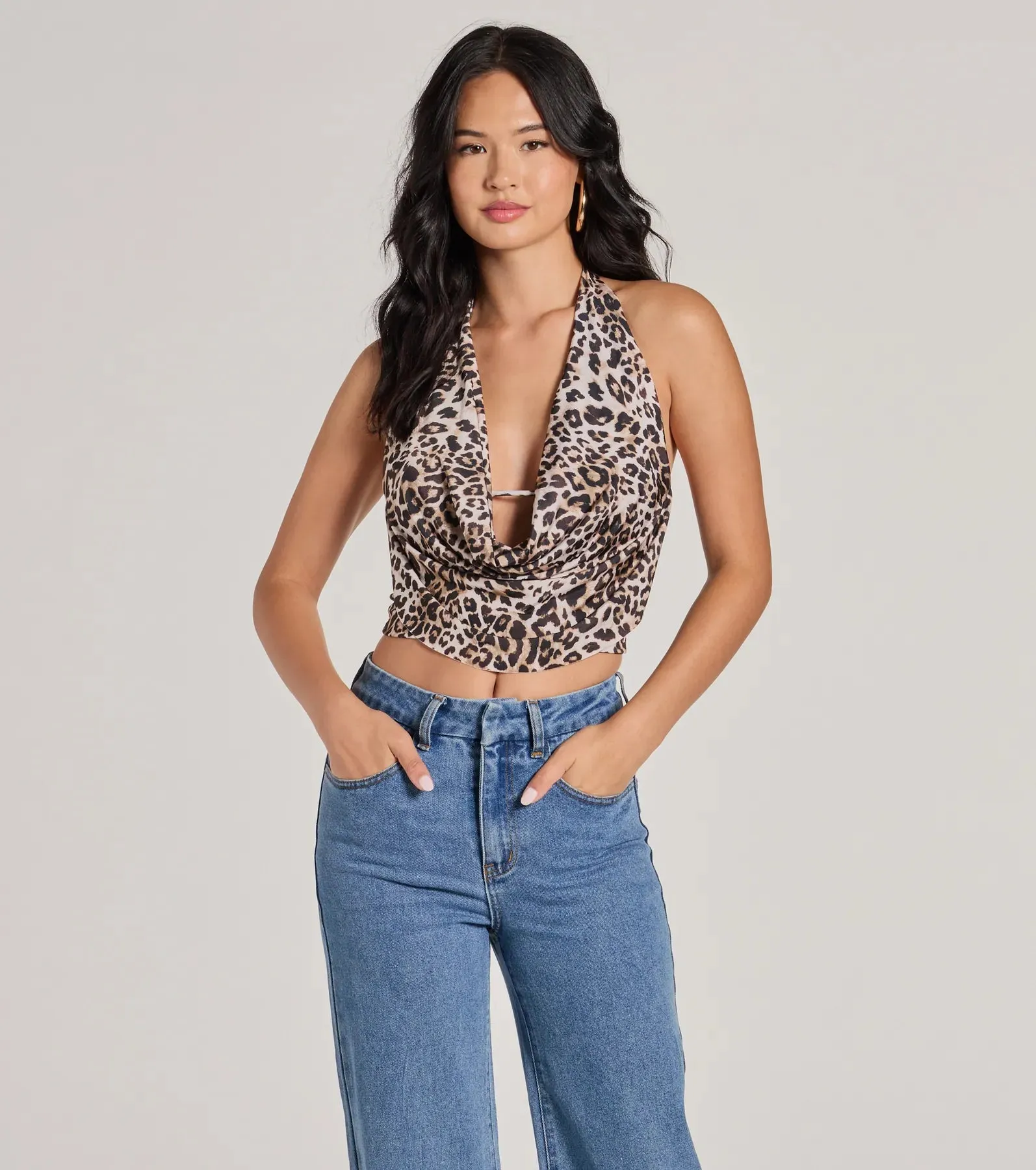 Prowlin Around Cowl Halter Leopard Crop Top sold by Windsor