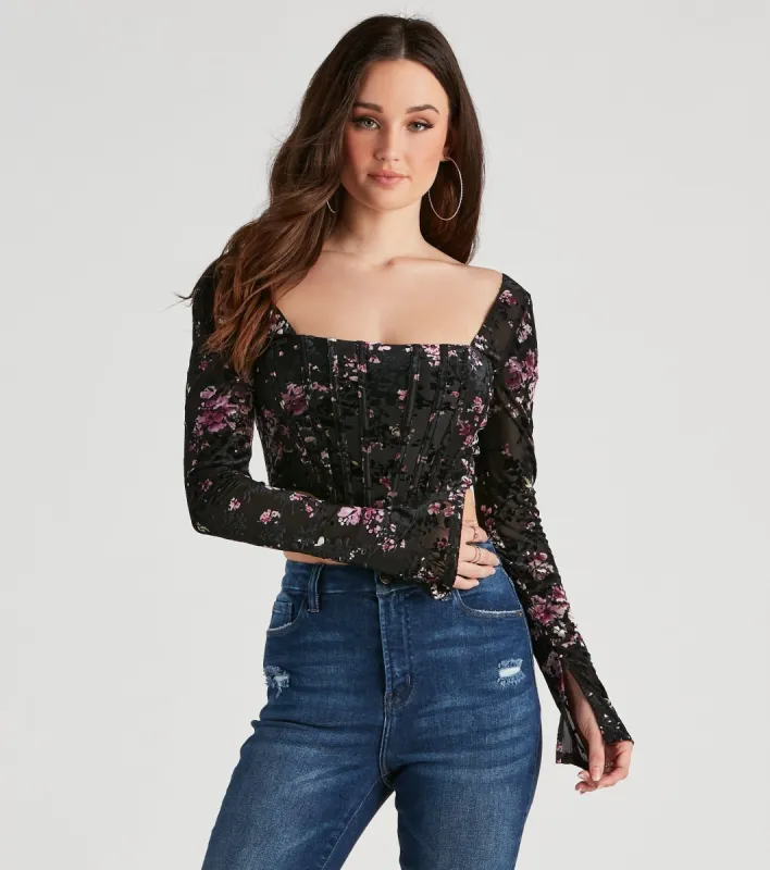 Trendy Florals Flocked Velvet Corset Top sold by Windsor