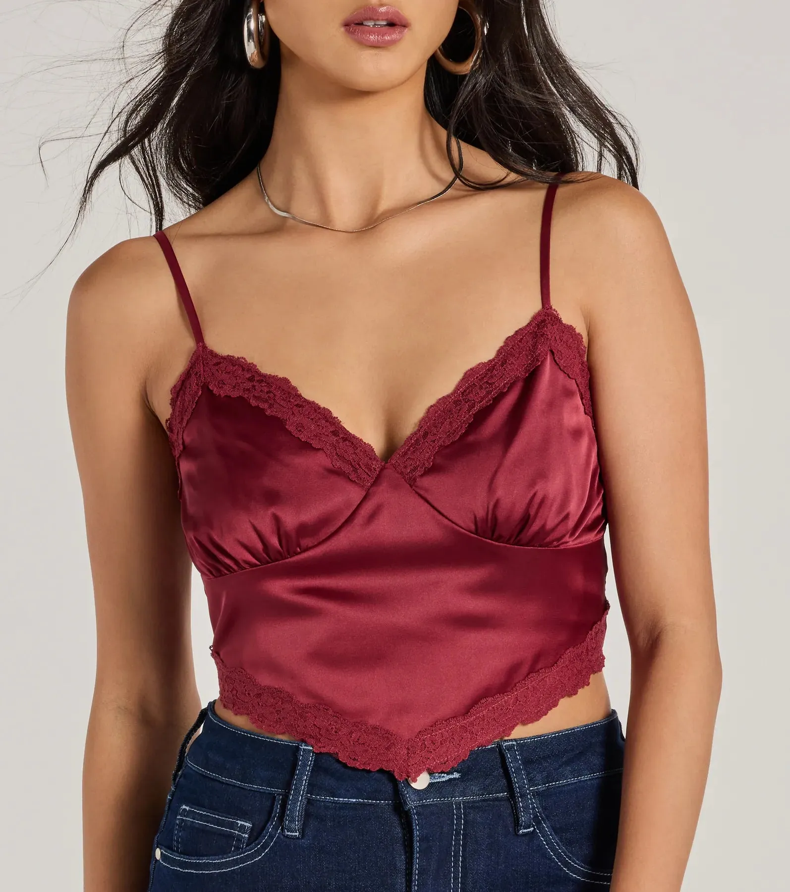 Romance In The Air Lace Trim Satin Cami Crop Top sold by Windsor product image thumbnail 4