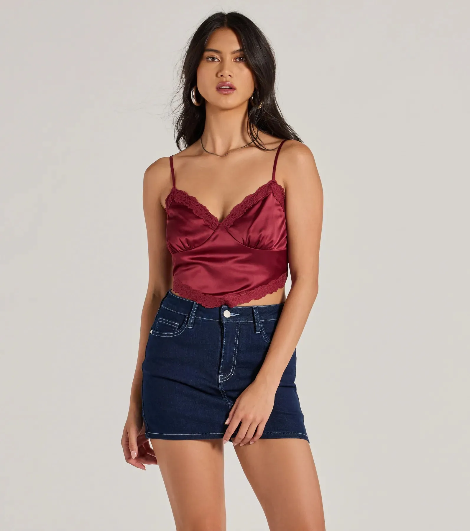 Romance In The Air Lace Trim Satin Cami Crop Top sold by Windsor