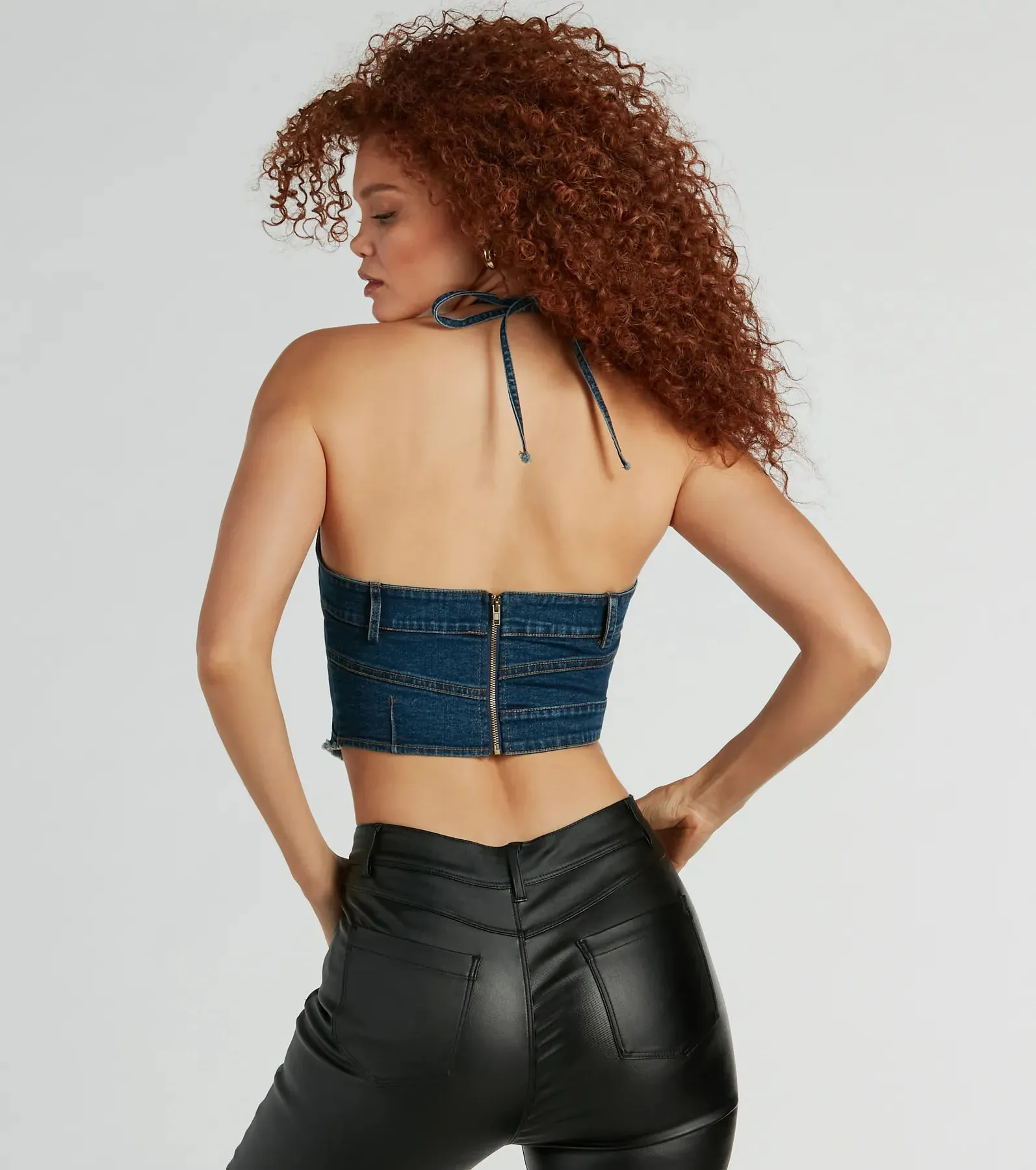 Givin' Looks Halter Patchwork Denim Crop Top sold by Windsor product image thumbnail 3