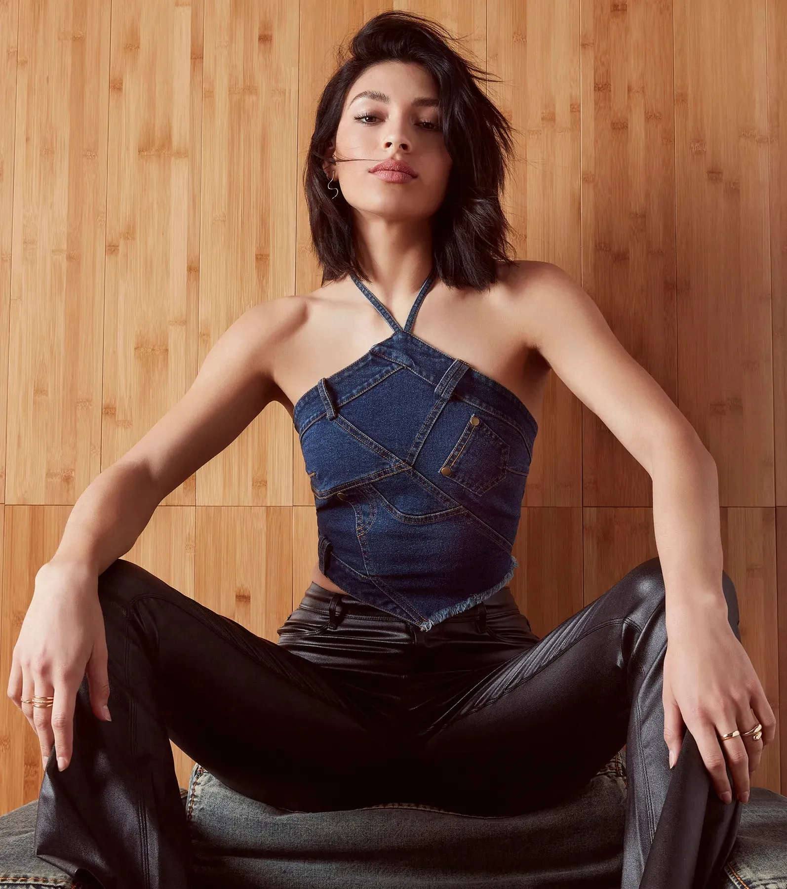 Givin' Looks Halter Patchwork Denim Crop Top sold by Windsor