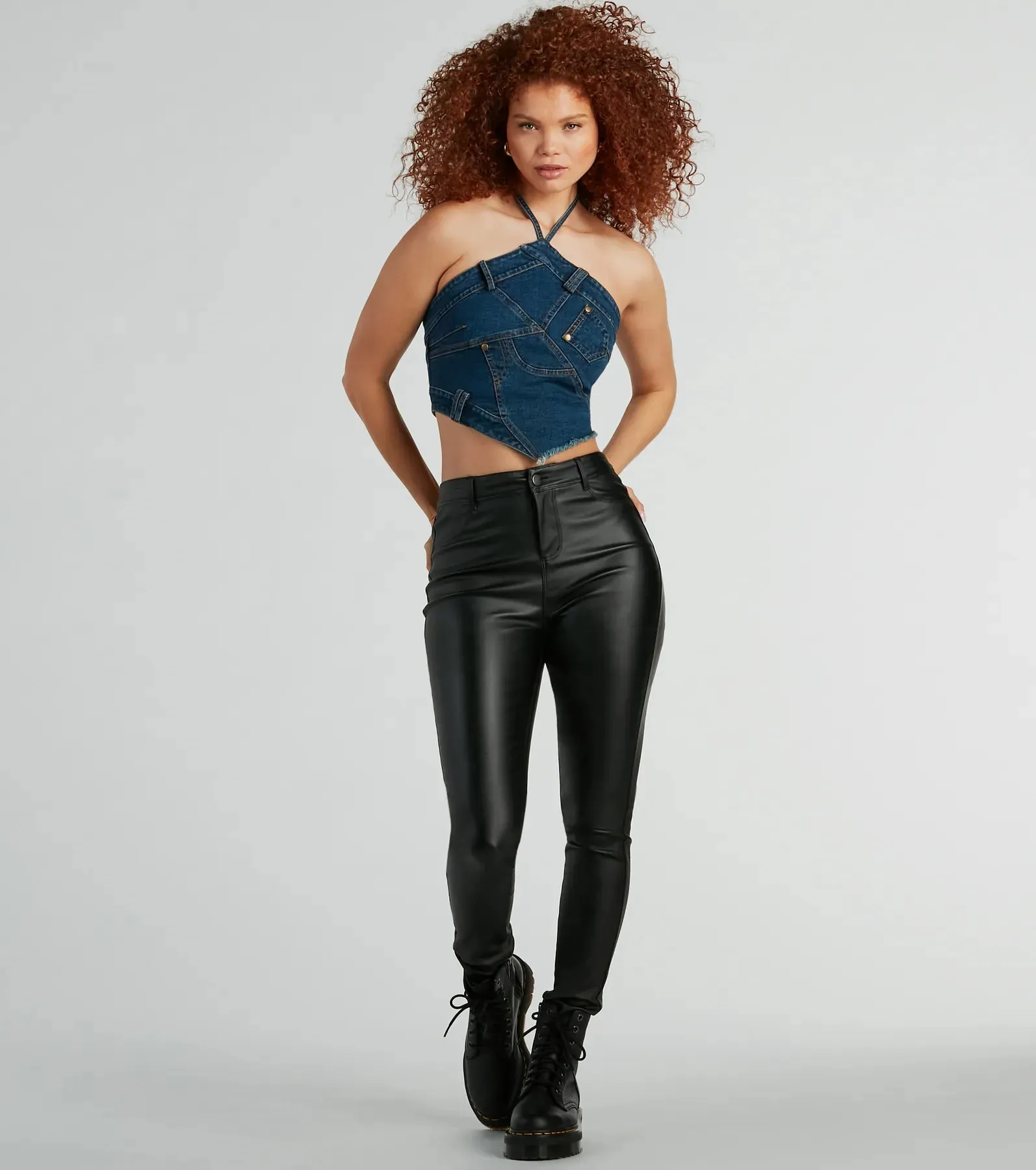 Givin' Looks Halter Patchwork Denim Crop Top sold by Windsor product image thumbnail 4