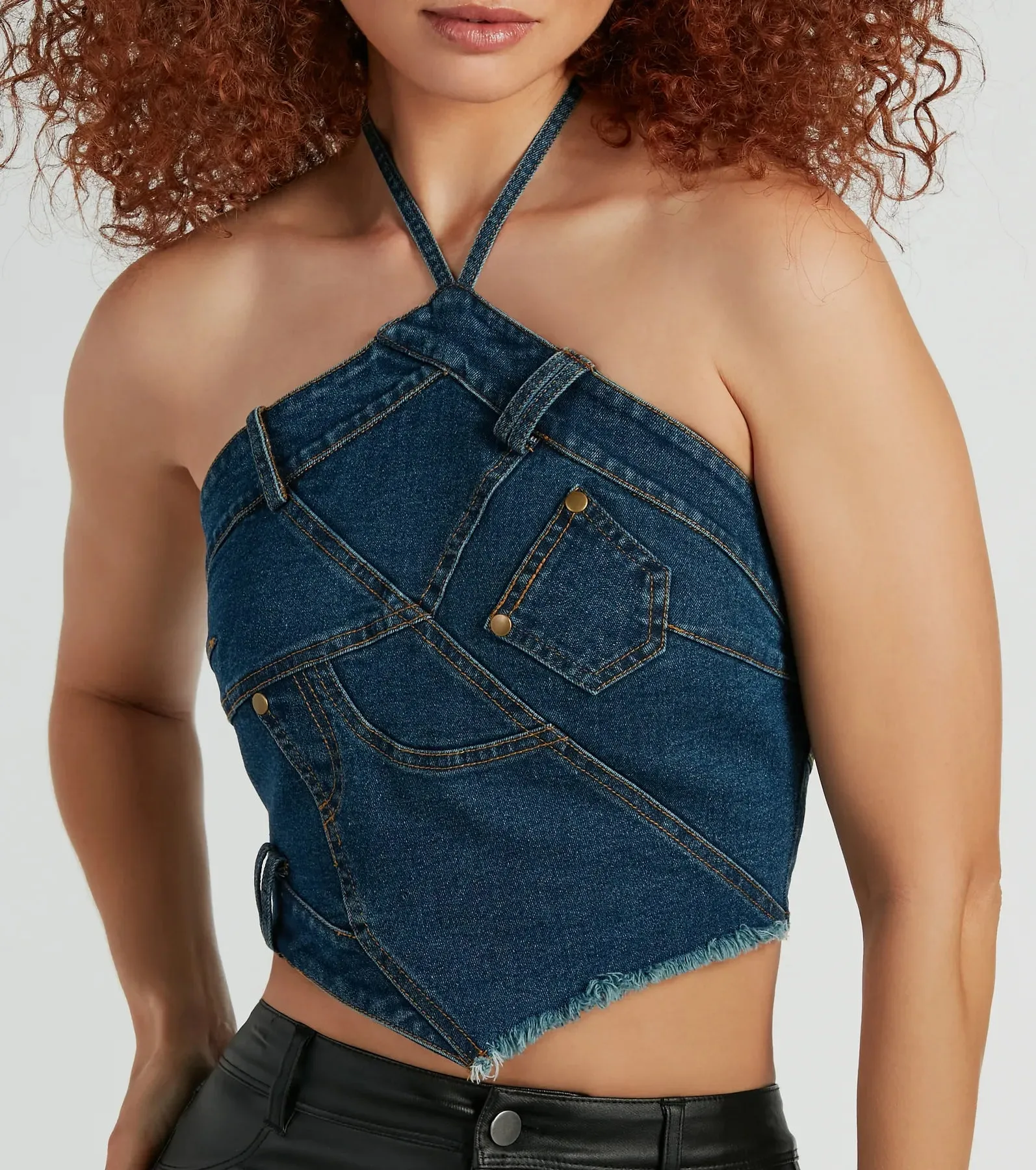 Givin' Looks Halter Patchwork Denim Crop Top sold by Windsor product image thumbnail 5
