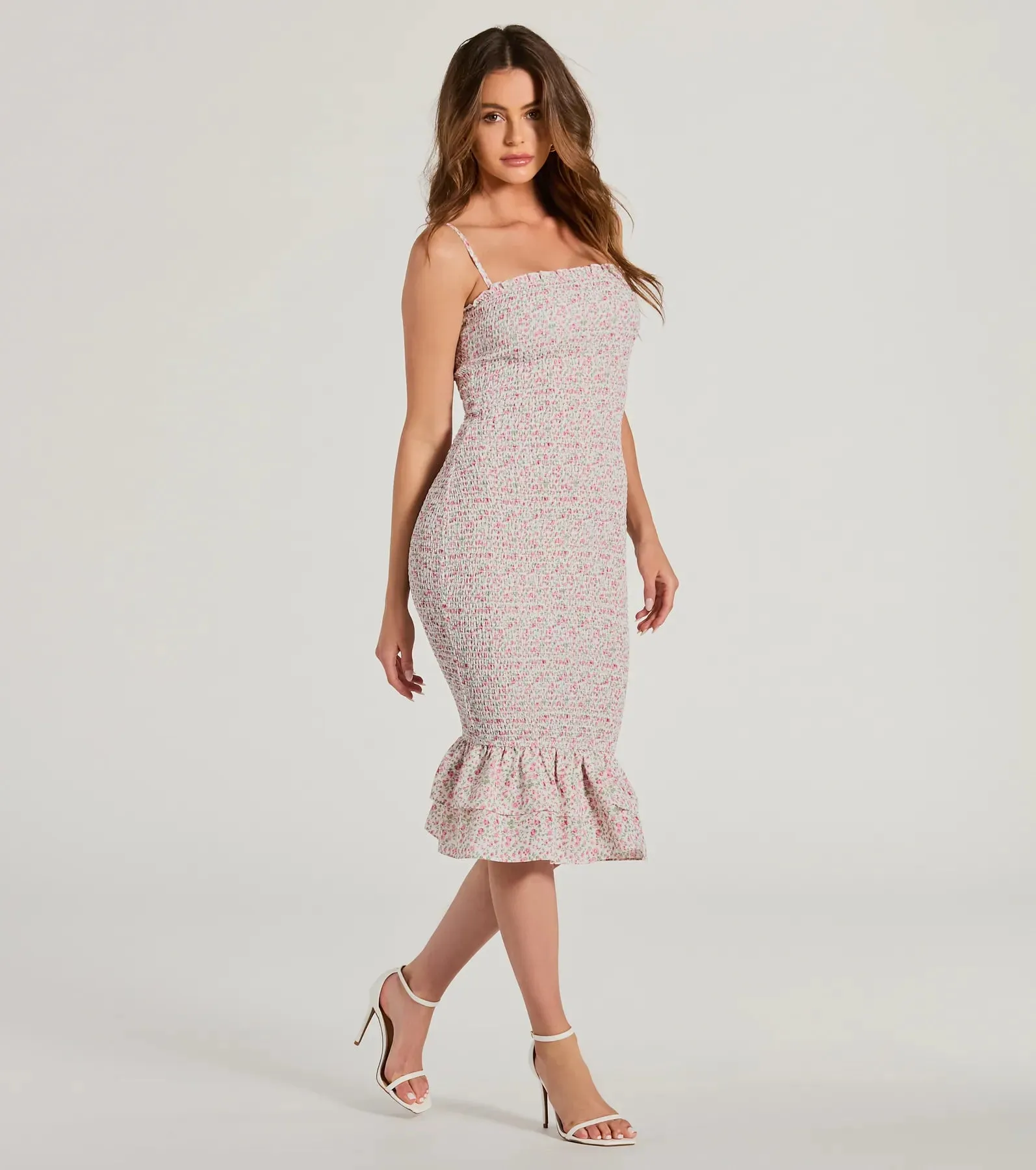 Dreamiest Summer Smocked Floral Chiffon Midi Dress sold by Windsor product image thumbnail 4