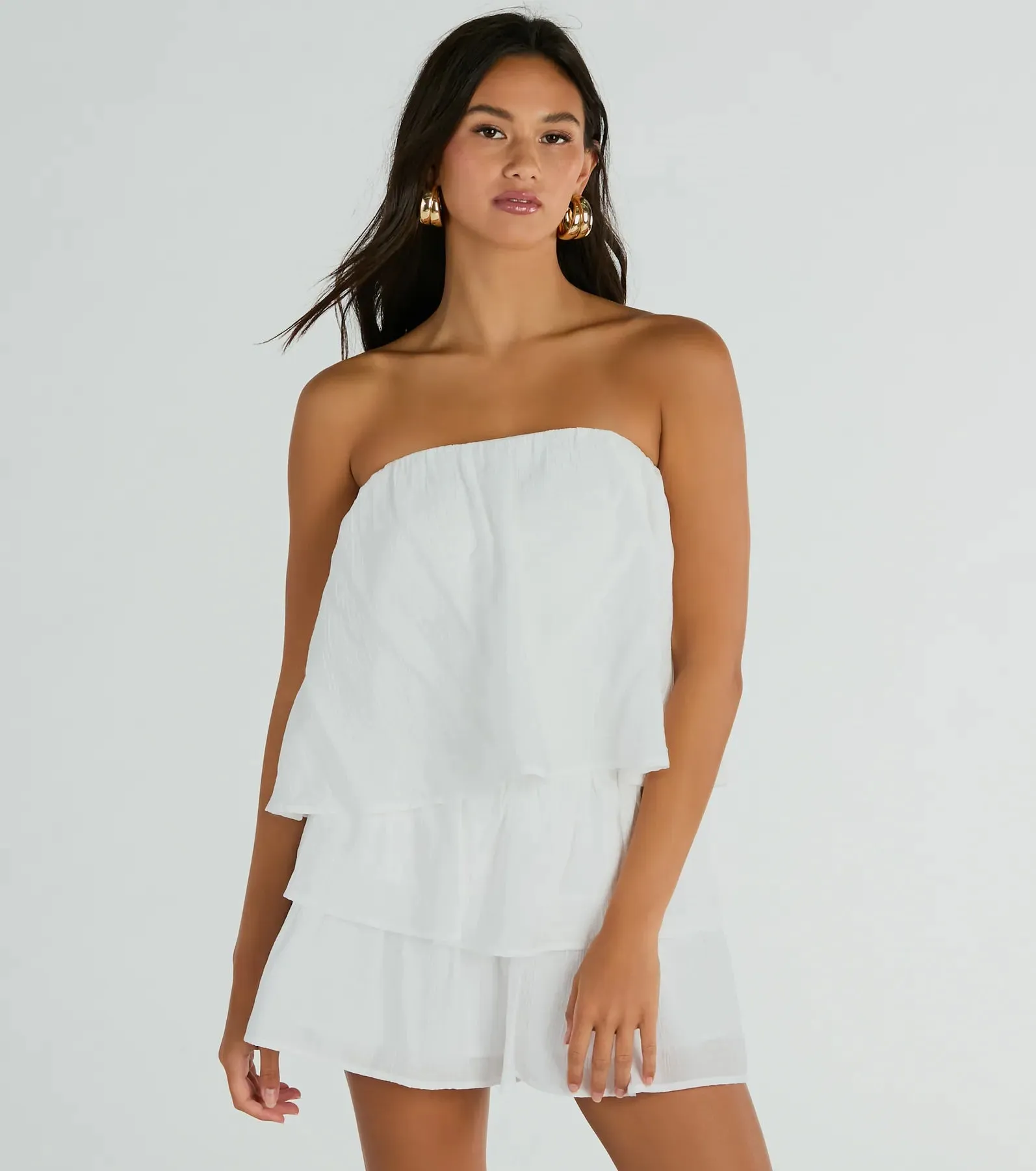 Poolside Vacay Strapless Ruffled Romper sold by Windsor