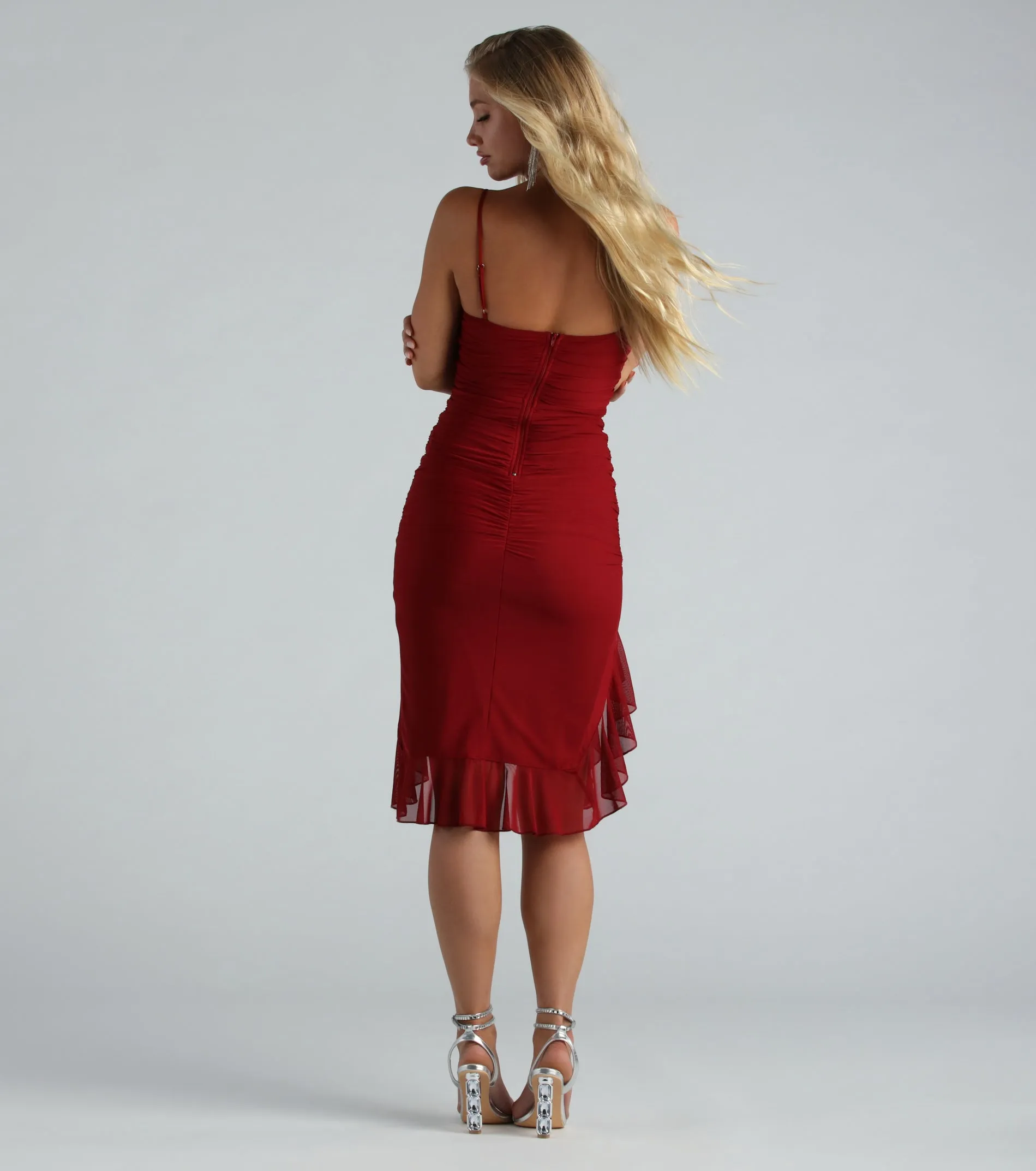 Not Here To Mesh Ruched Ruffle Midi Dress sold by Windsor product image thumbnail 2