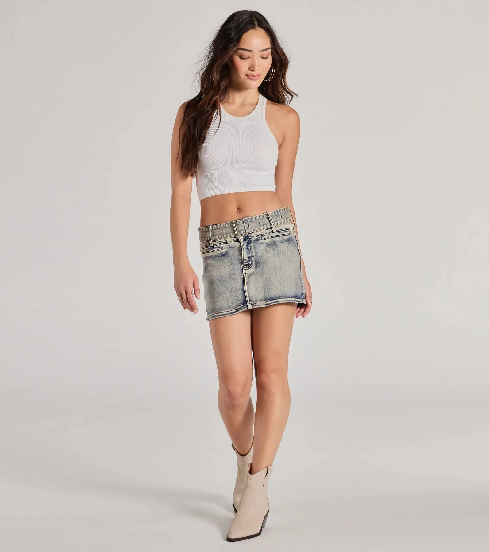 Cute Effect Mid-Rise Belted Denim Mini Skort sold by Windsor product image thumbnail 4