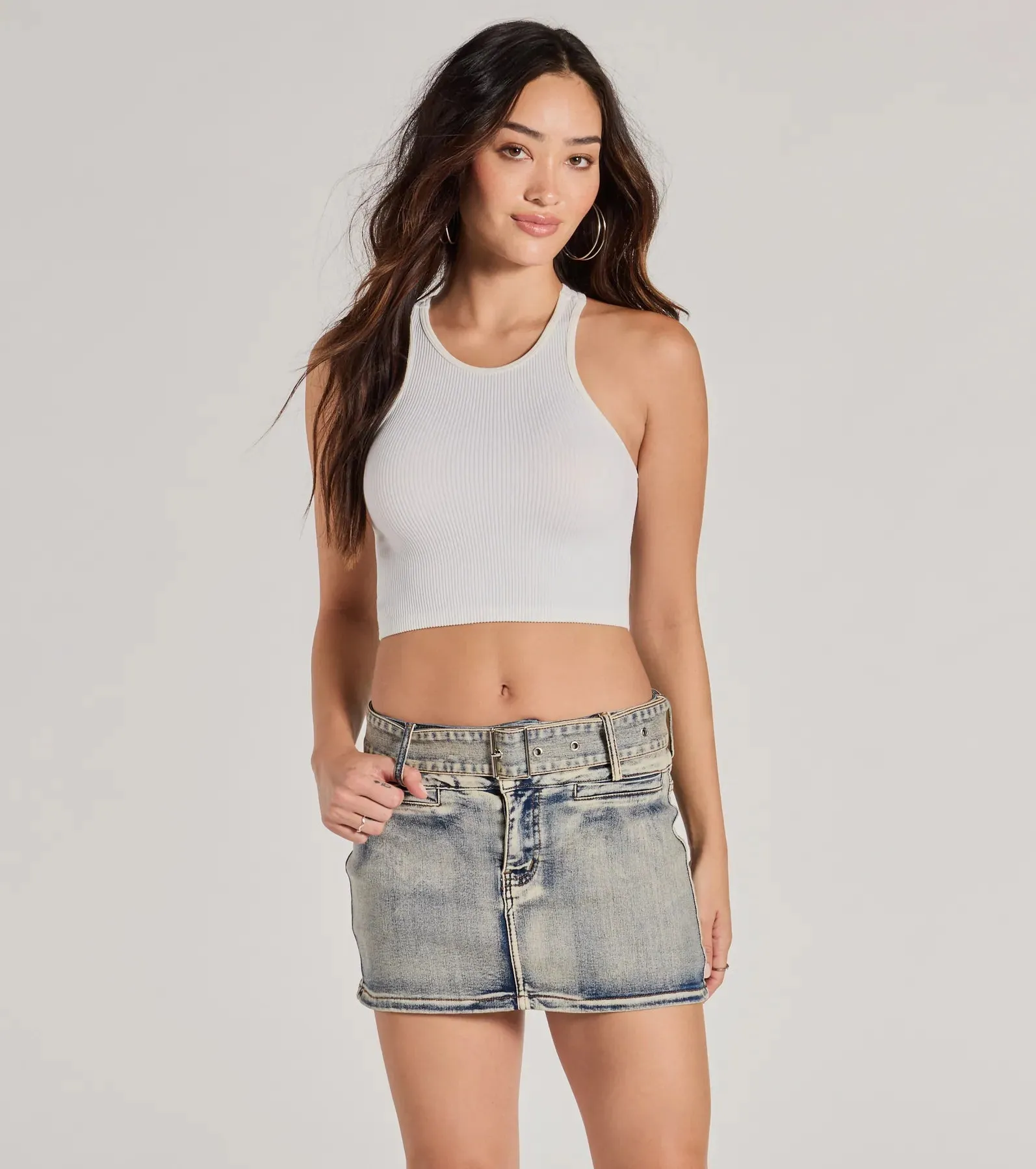 Cute Effect Mid-Rise Belted Denim Mini Skort sold by Windsor